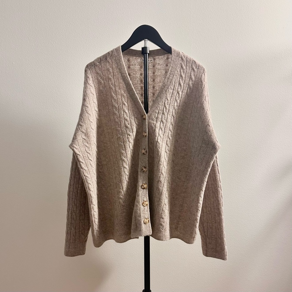 Reformation Giusta V-Neck Cable Knit Oversized Beige Cashmere Cardigan Size S